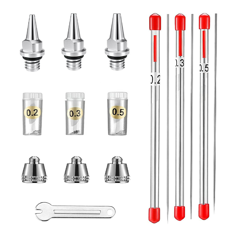 Bộ dụng cụ phụ tùng thay thế airbrush 10 mảnh với vòi phun Airbrush 0,2mm, 0,3mm và 0,5mm, kim tiêm, mũ vòi và cờ lê mini cho phụ kiện súng phun